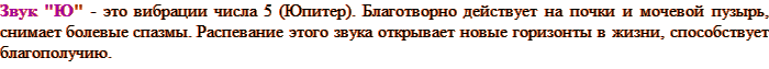Звук "Ю" - это вибрации числа 5 (Юпитер). Благотворно действует на почки и мочевой пузырь, снимает болевые спазмы. Распевание этого звука открывает новые горизонты в жизни, способствует благополучию.